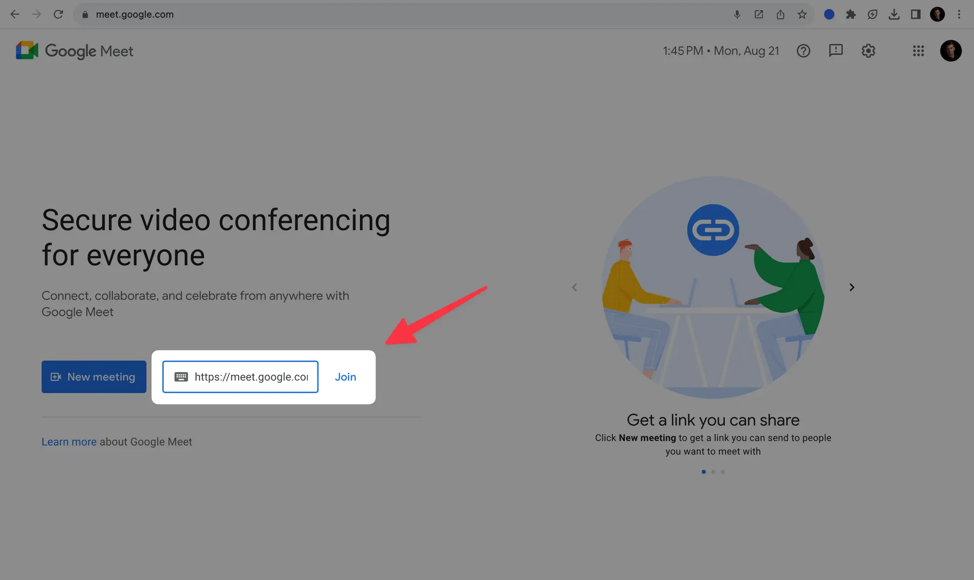 Join a meeting directly from the Google Meet website.