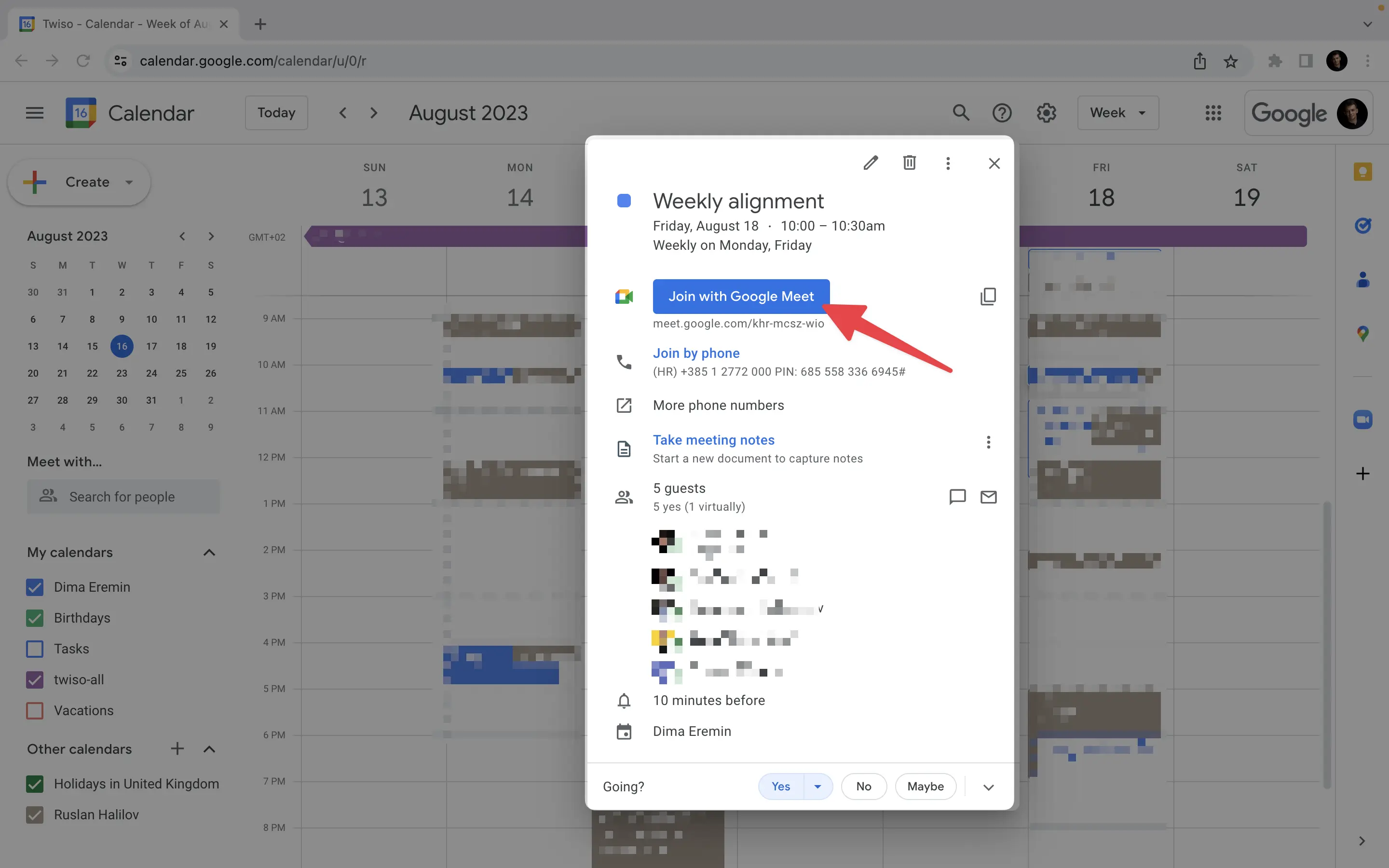 Access Google Meet through a calendar invitation