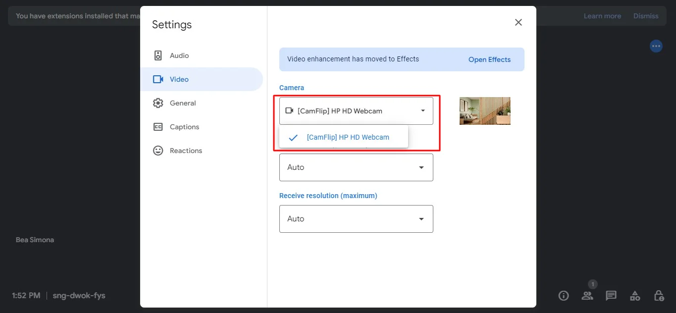 How to enable the mirrored camera on laptop