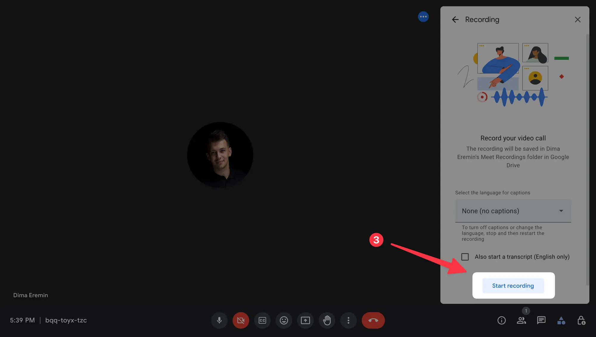 Google Meet "Start recording" button