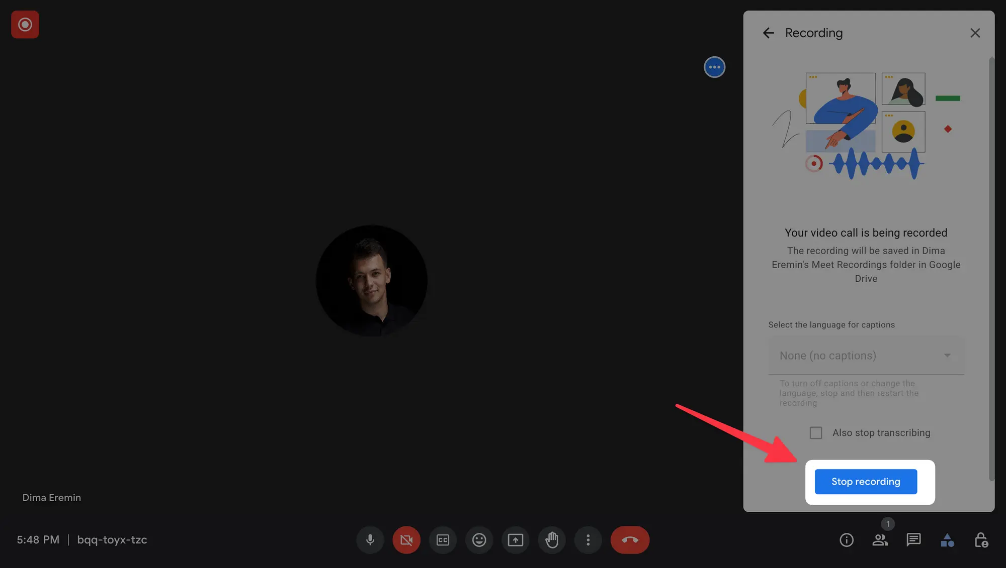 Google Meet "Stop recording" button