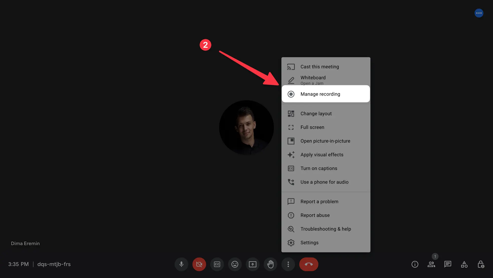 Google Meet "Manage recording" button