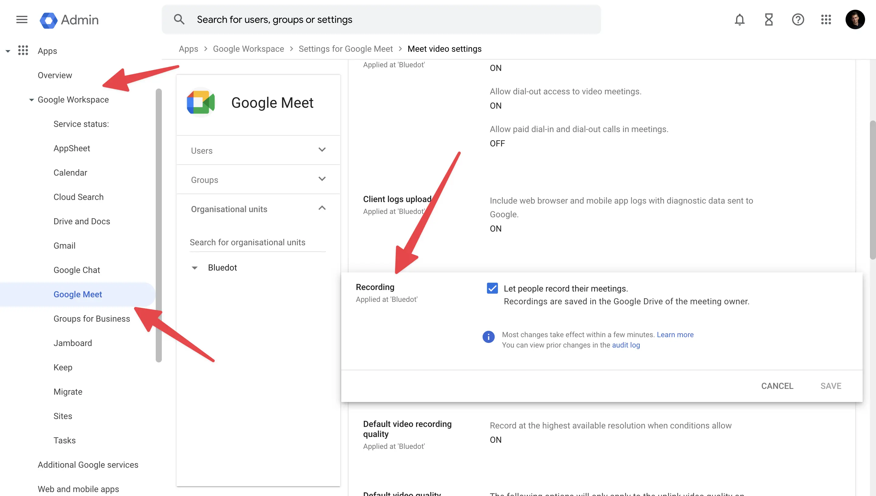 Google Workspace Google Meet settings