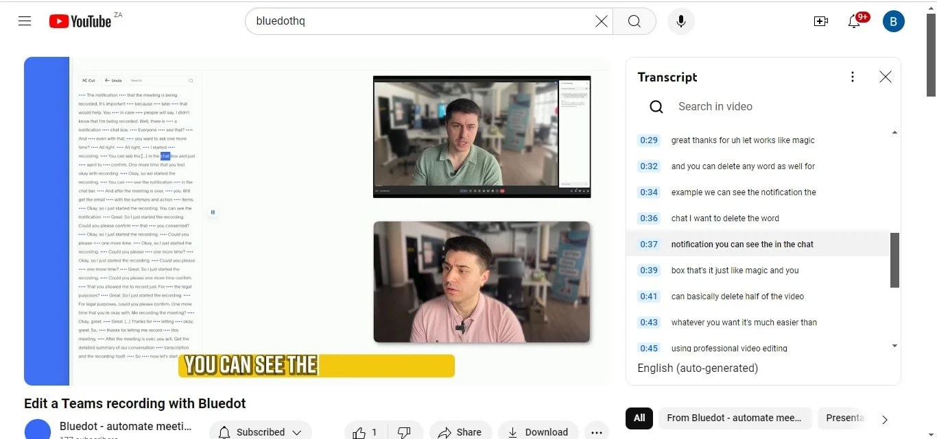 browse YouTube transcript during video is playing