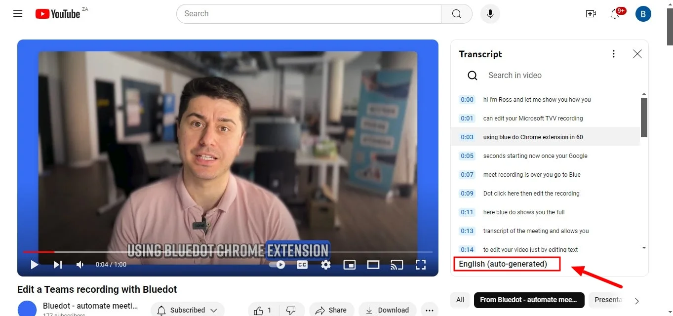 How to select language of YouTube video transcription