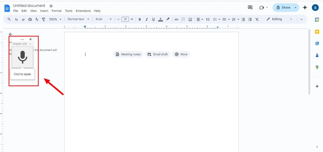 How to begin voice typing in Google Doc