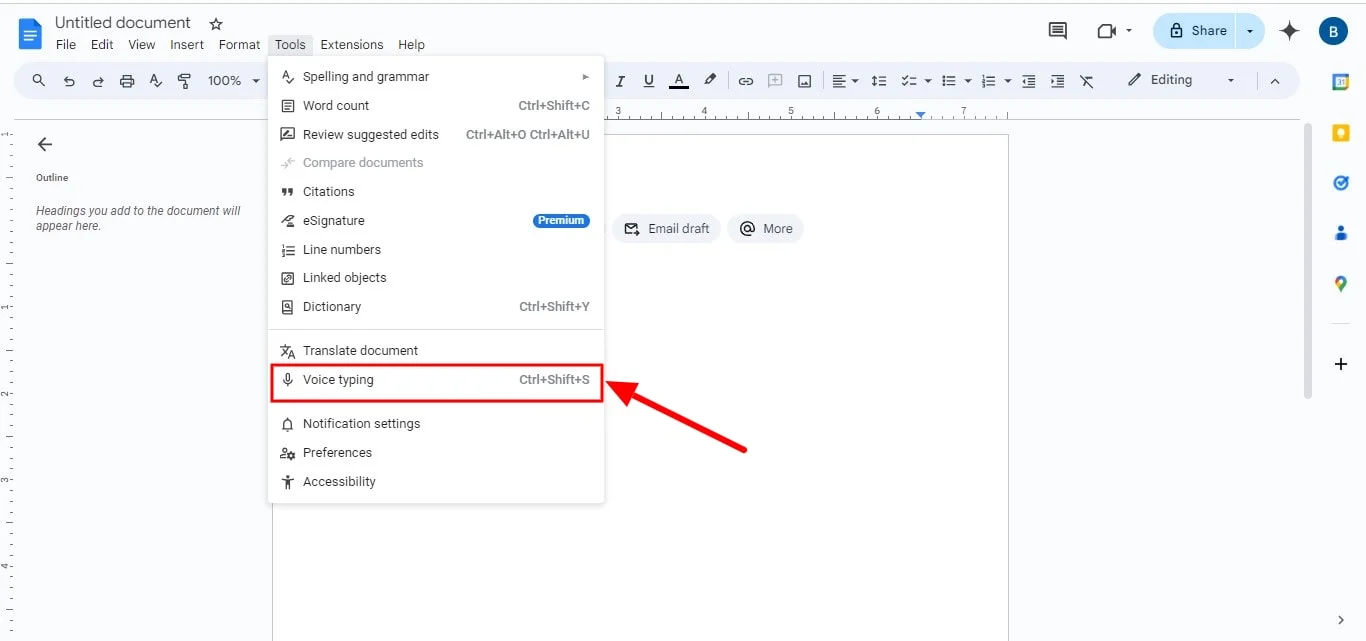 start voice typing use a keyboard shortcut in Google Doc