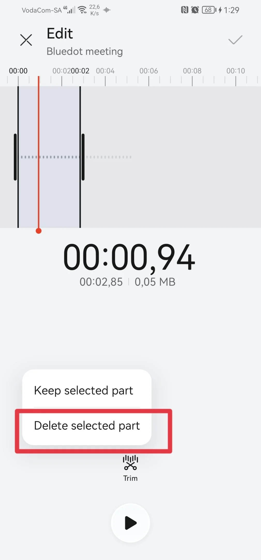 how to delete selected part of audio recording on Android