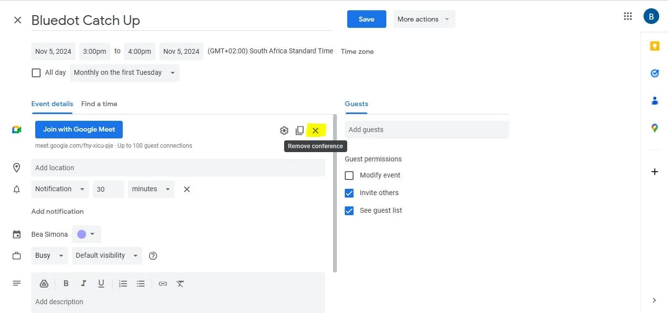 how to delete a meeting link in Google Calendar