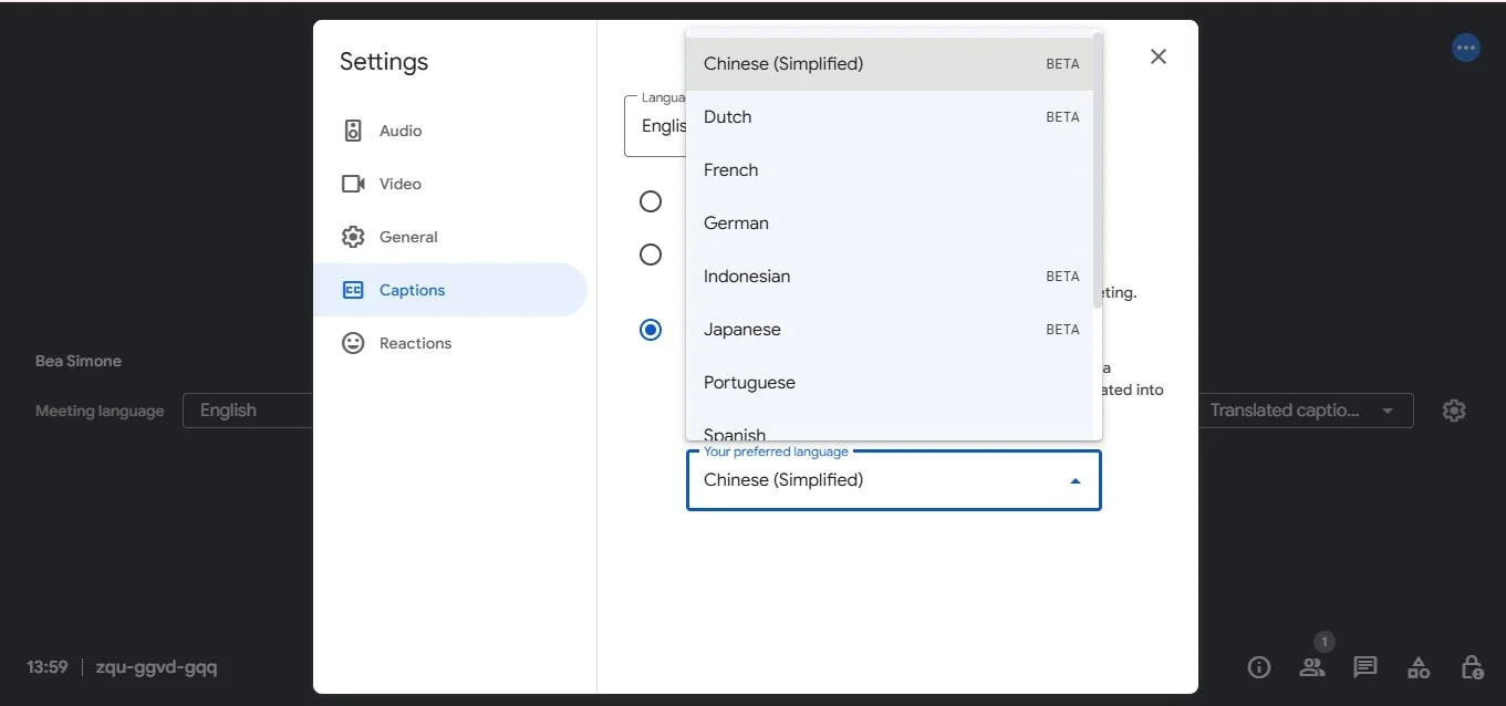 how to change captions language in Google Meet