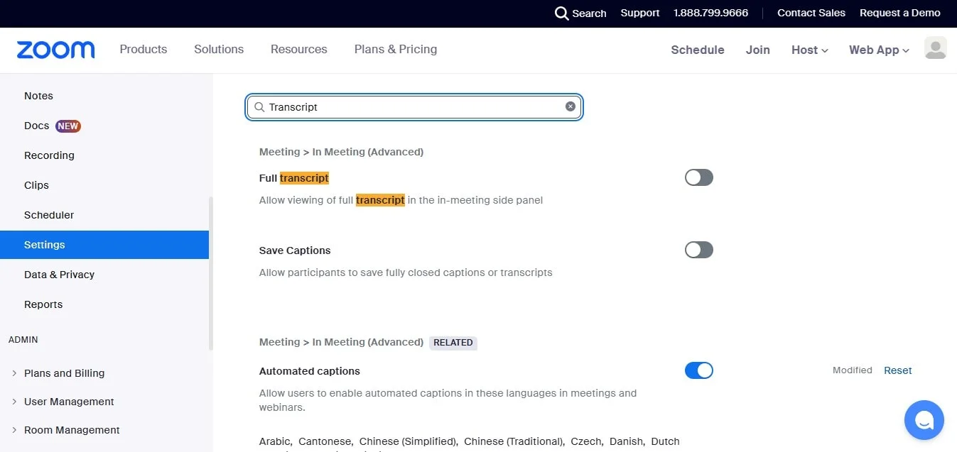 how to find transcript option in Zoom