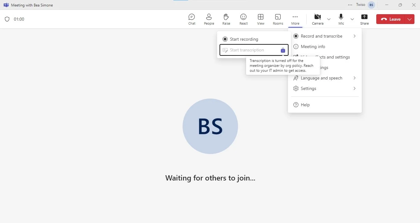 How to start transcription in Microsoft Teams