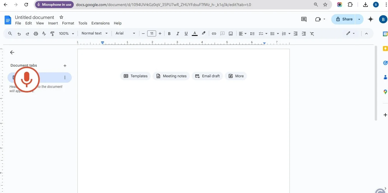 Google Docs dictation tool