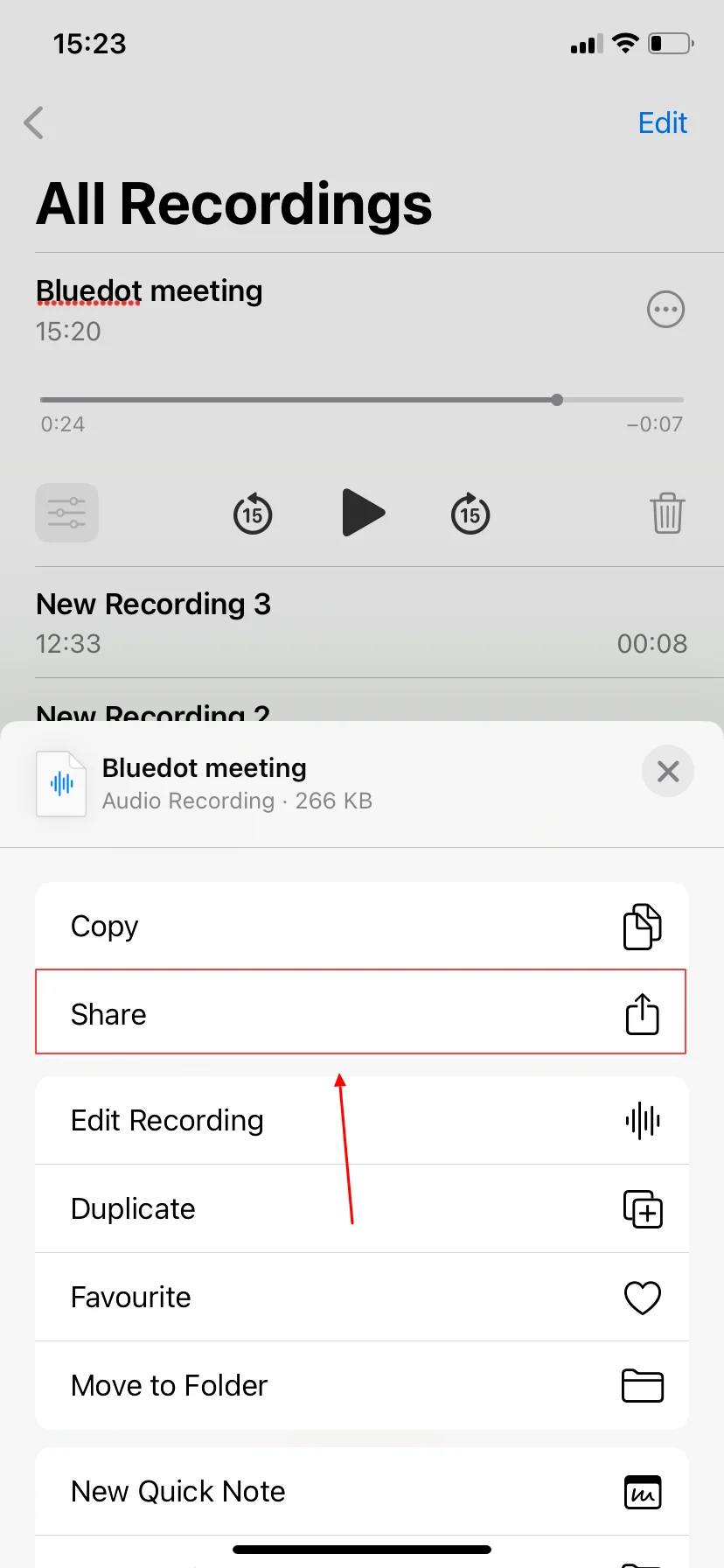 How to share a recording file on iPhone