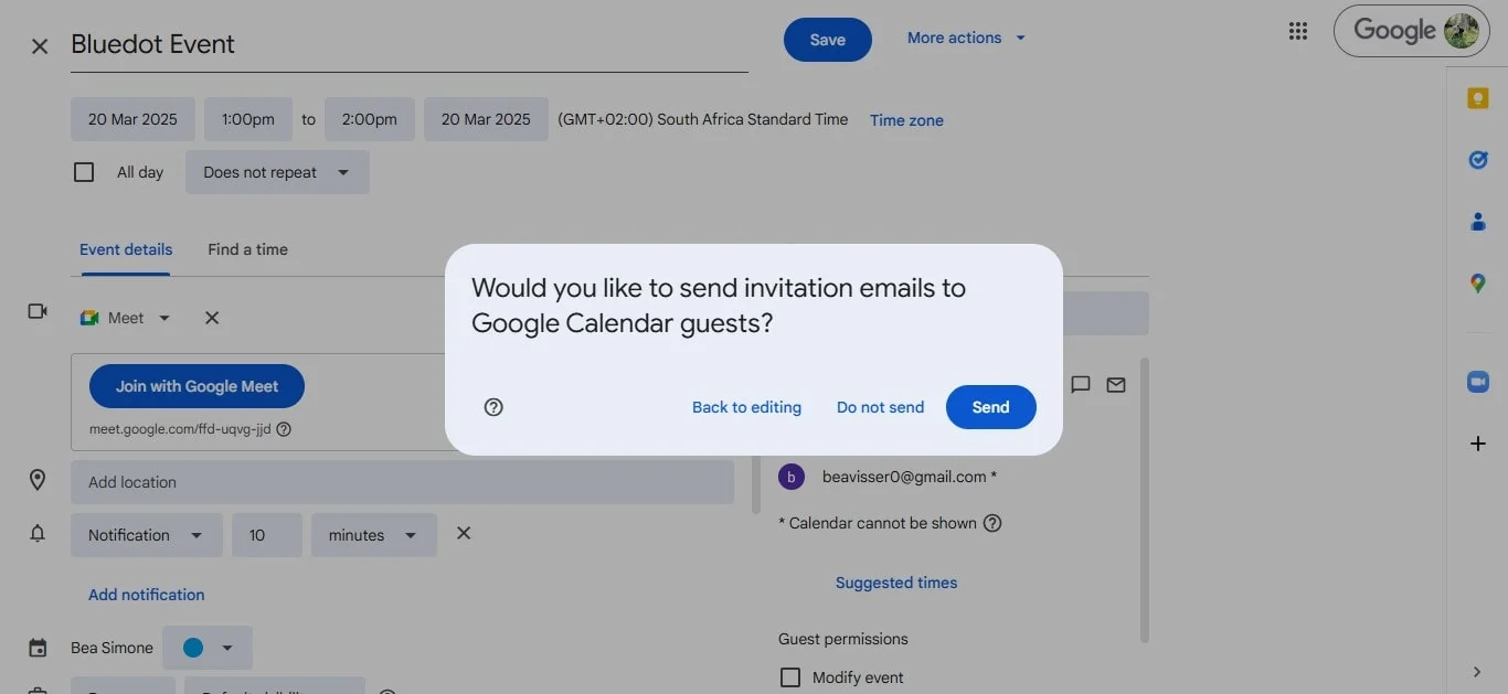 How to send an invite in Google Calendar