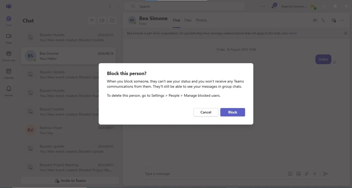 How to stop a contact in Microsoft Teams