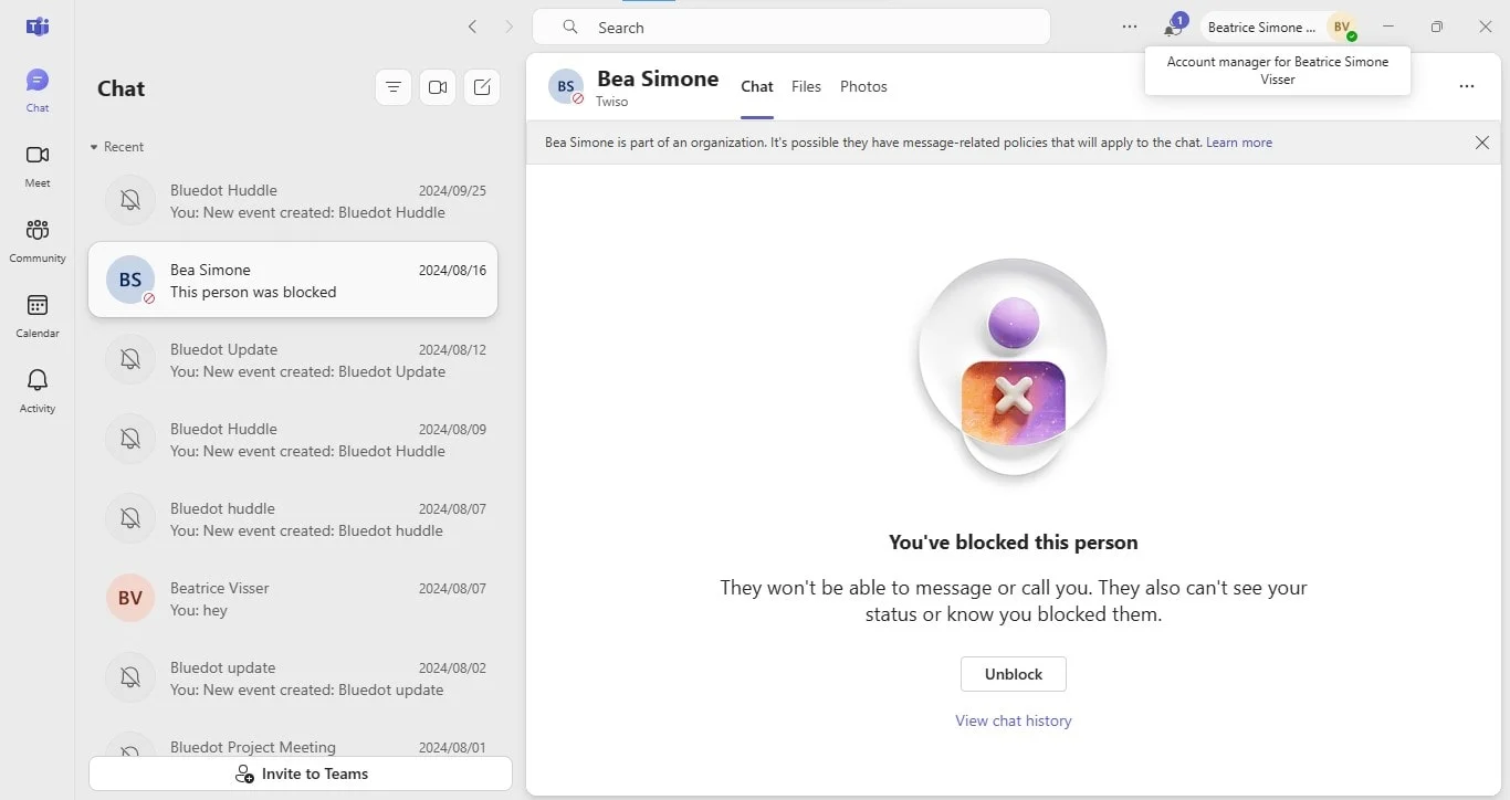 How to unblock someone on Microsoft Teams desktop