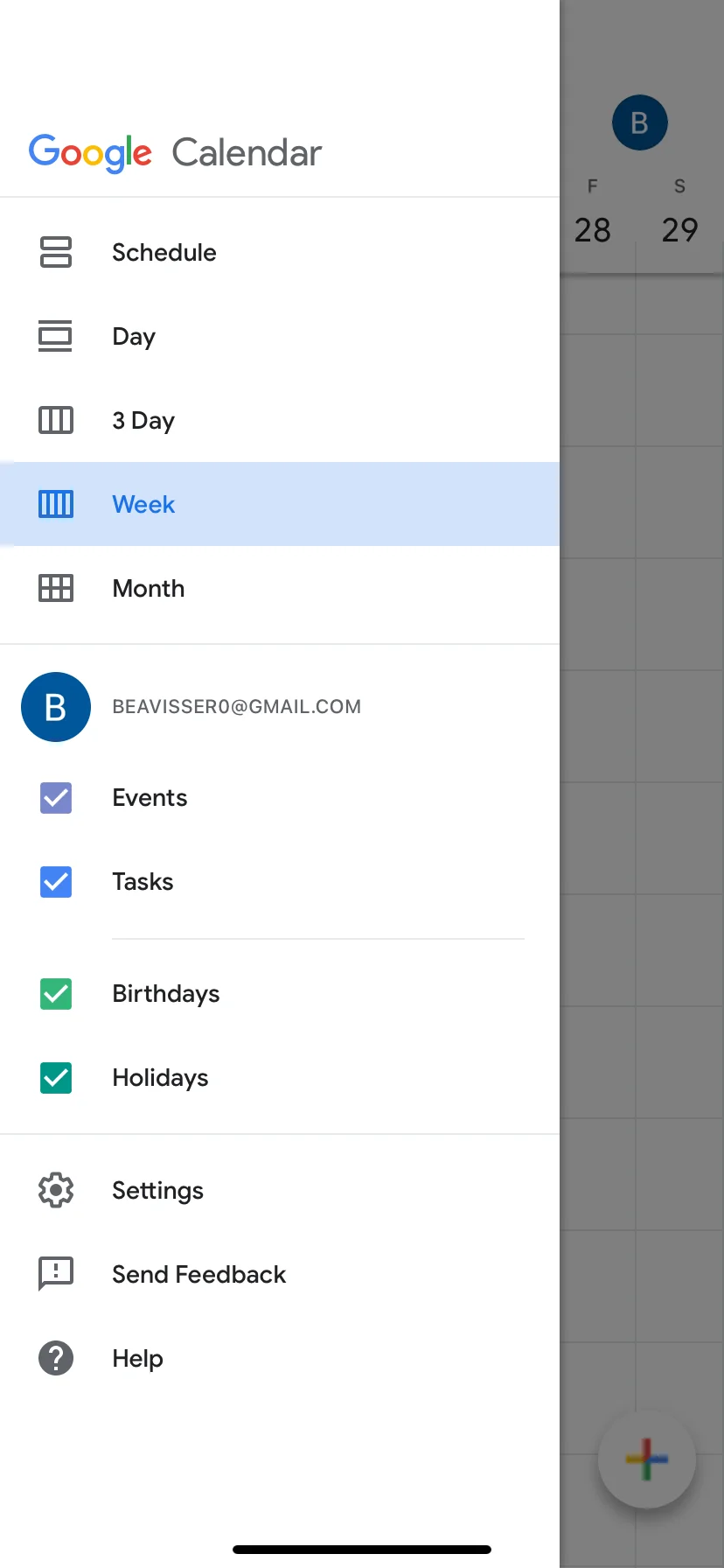 Google Calendar settings on Mobile