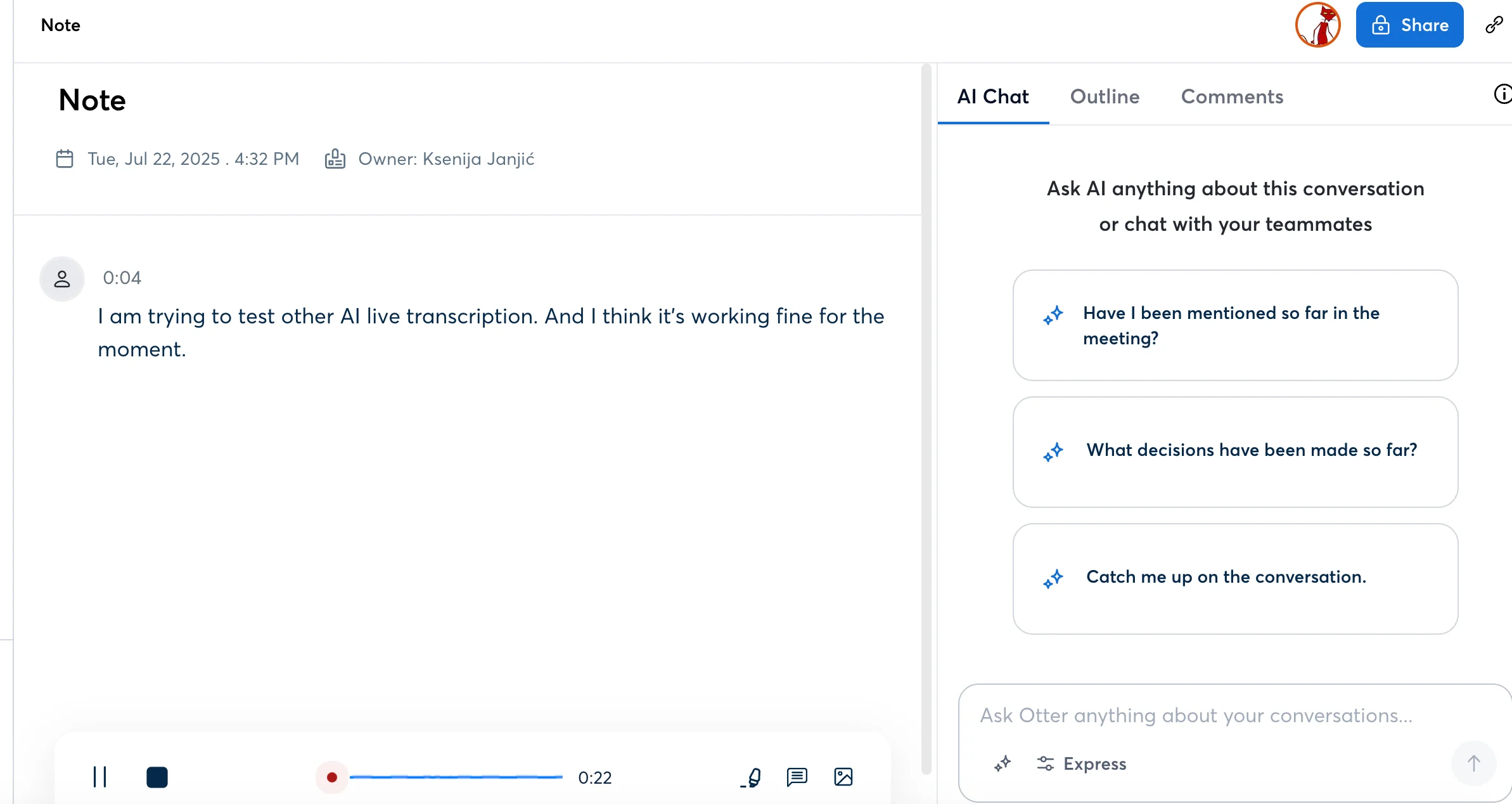 Otter Real Time Transcription