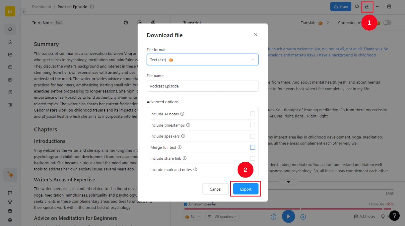 Notta Export Options for Audio or Video Files