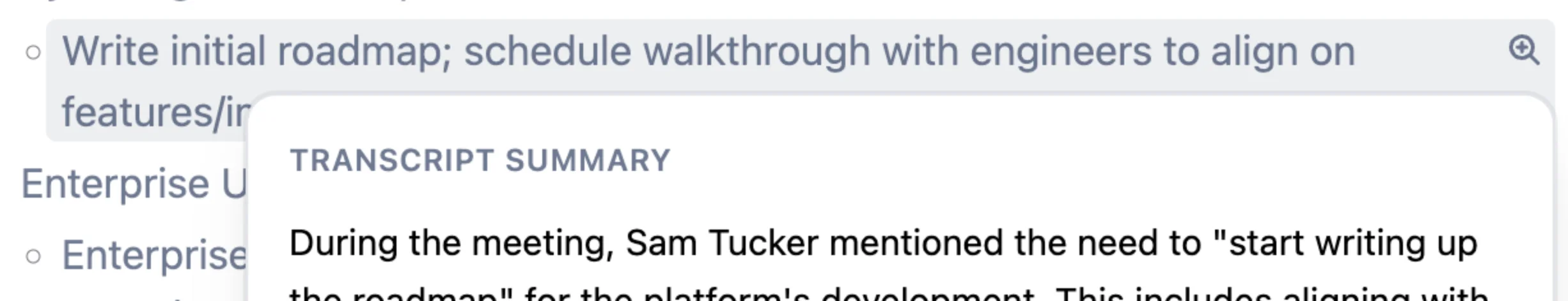 how to open the full transcript context of Granola summary