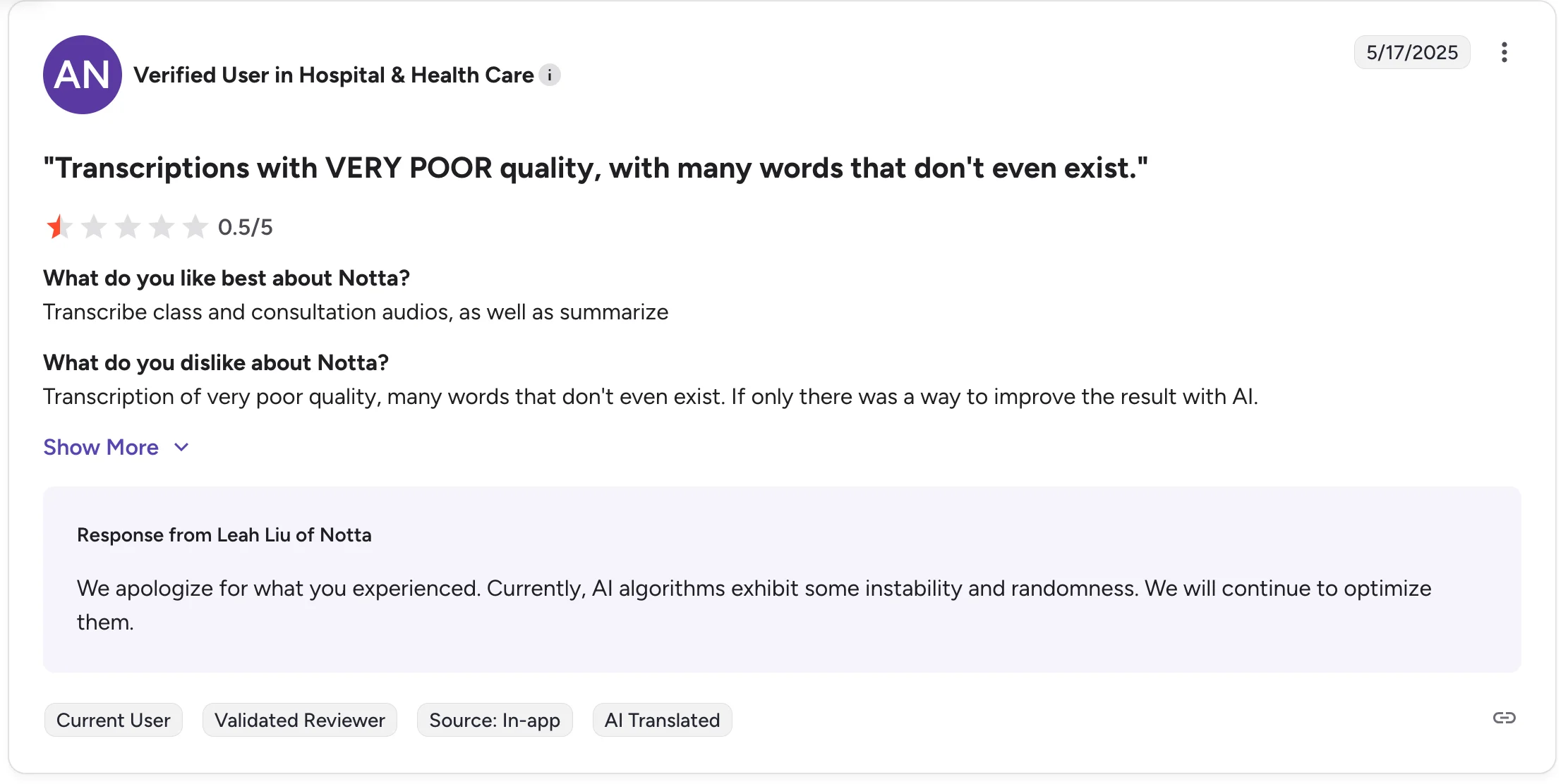 Notta inaccurate transcriptions