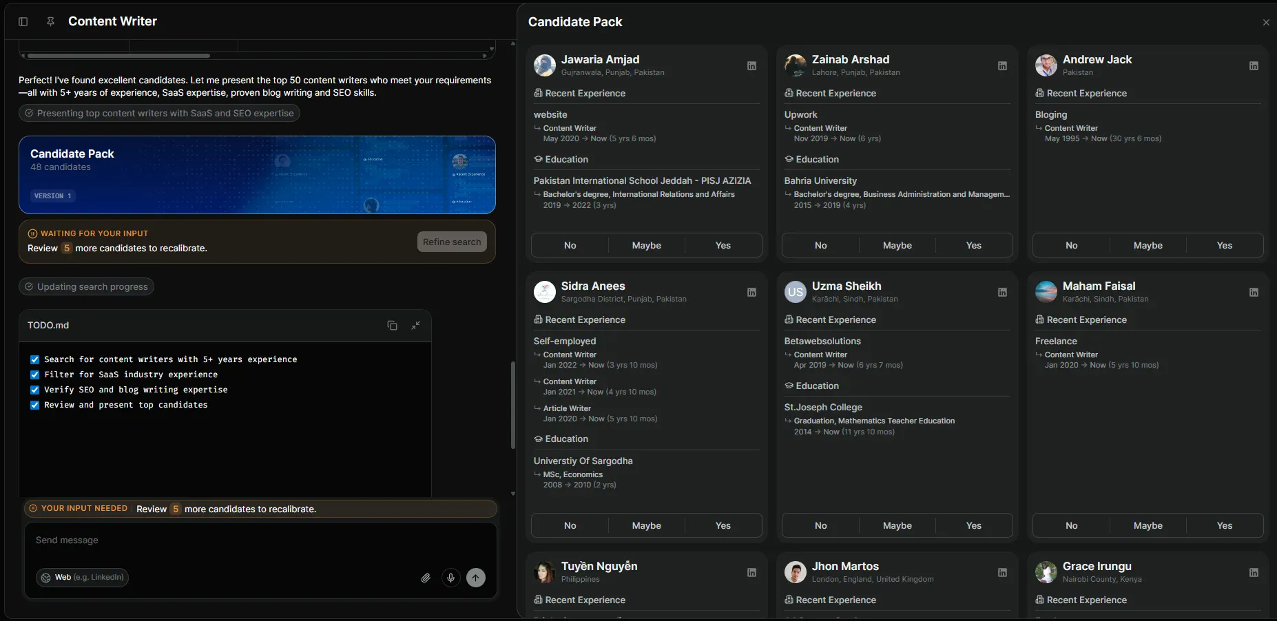 Candidate cards in Metaview