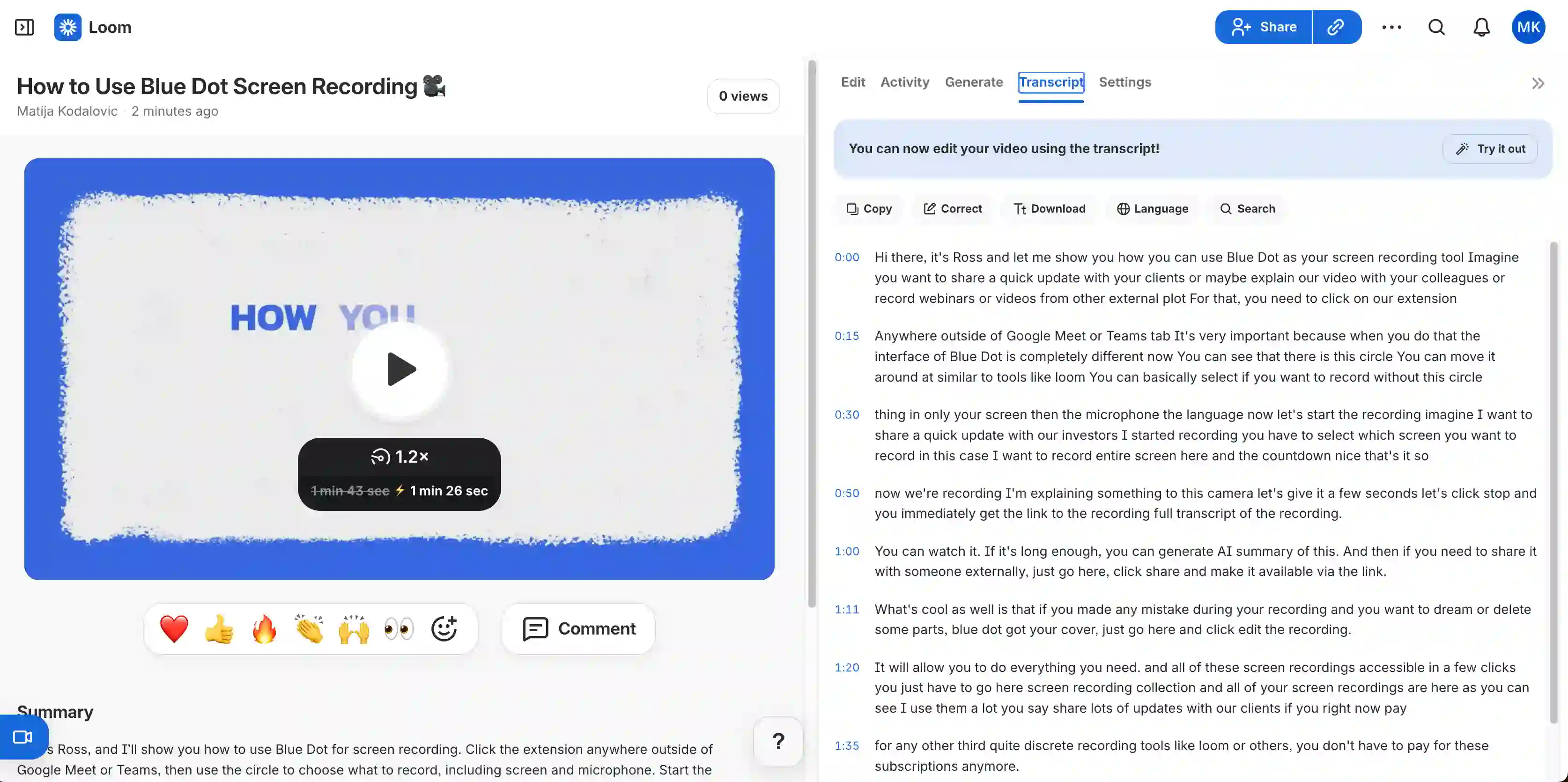 Loom's AI transcription