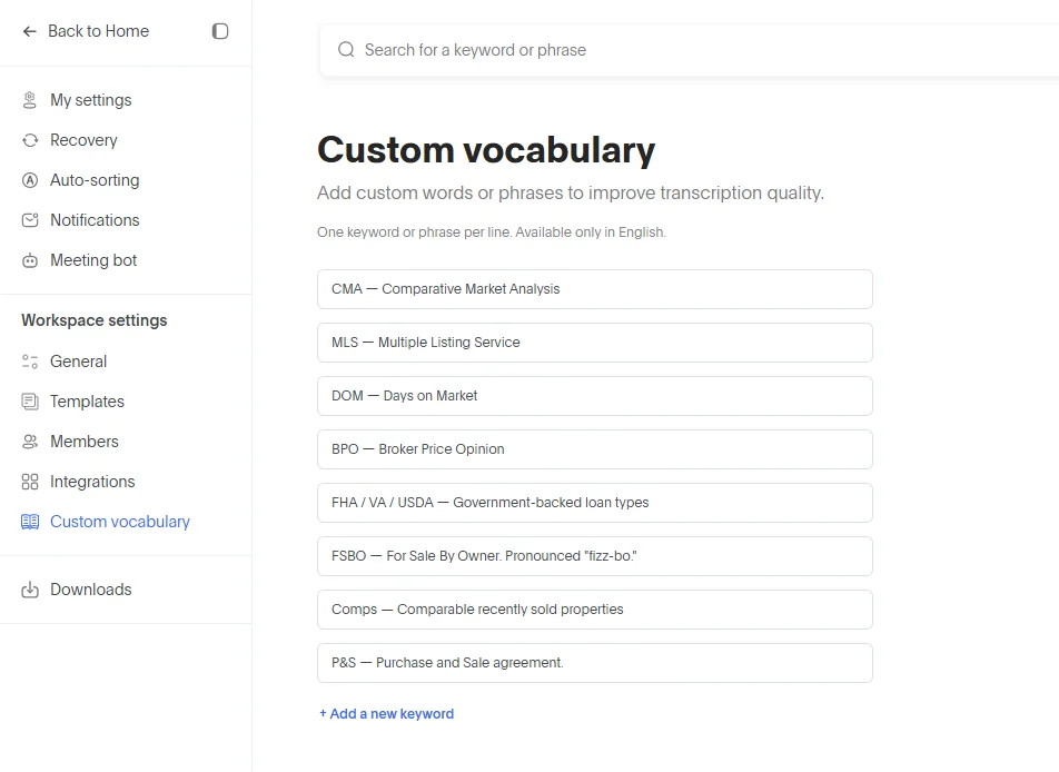 How to add custom keywords in Bluedot