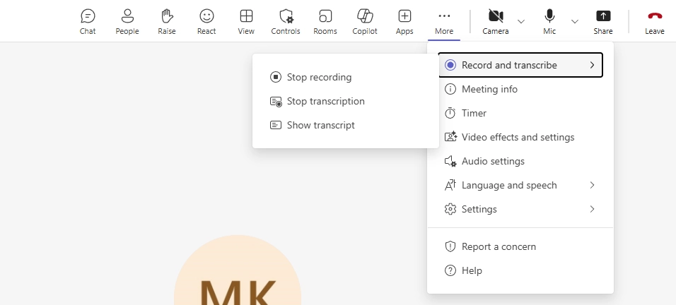 How to stop recording in Microsoft Teams