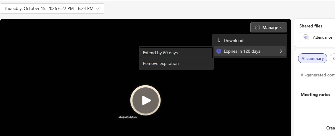 Teams recording expiration period