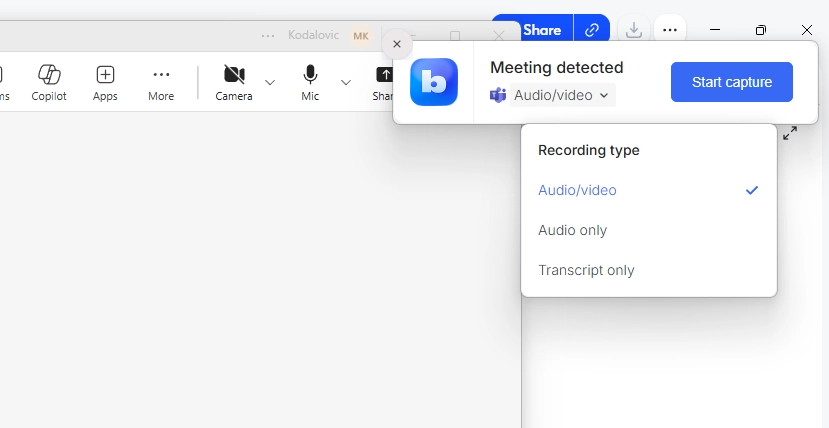 Bluedot recording menu