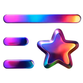 Colorful glossy 3D star icon next to three multicolored glossy bars, including one long horizontal bar and two shorter bars stacked vertically.