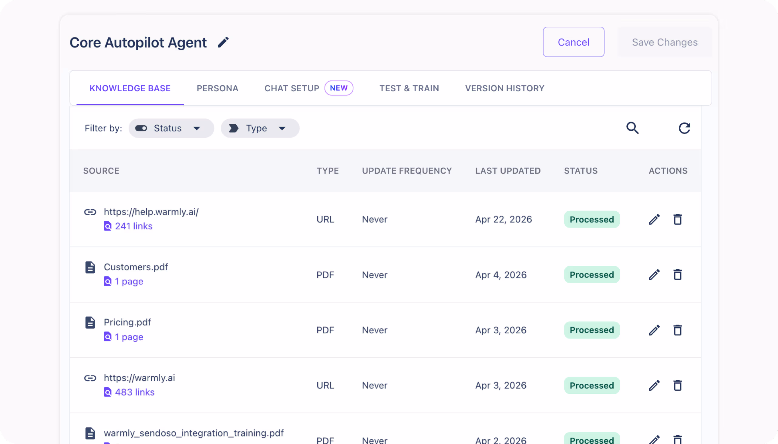 Centralized area to upload, organize, and version-control the product content, sales enablement, objection handling, and policy documents your AI agent trains on.