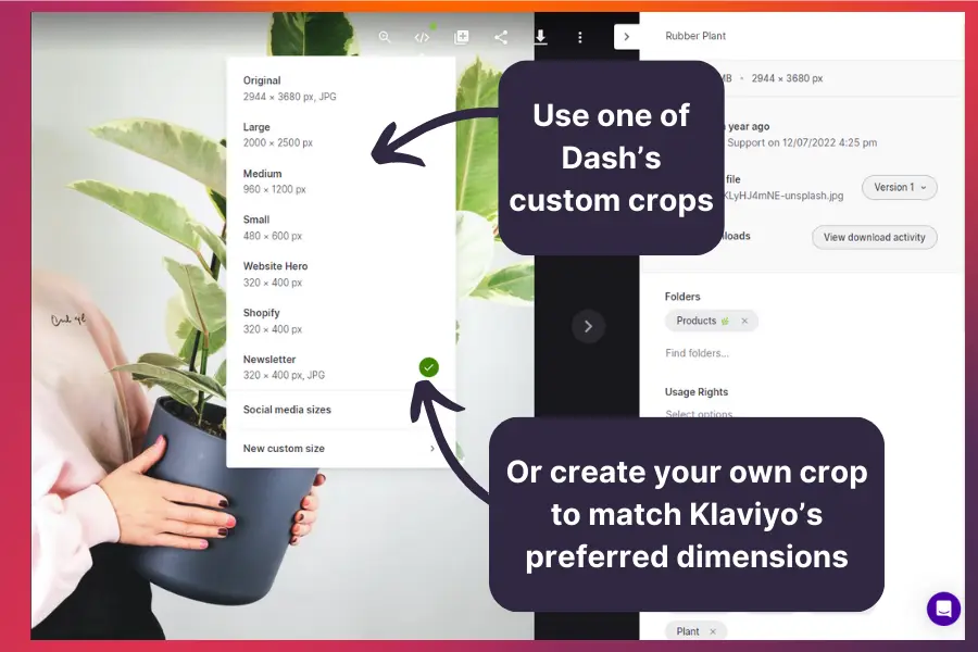 use Dash custom crops in Klaviyo