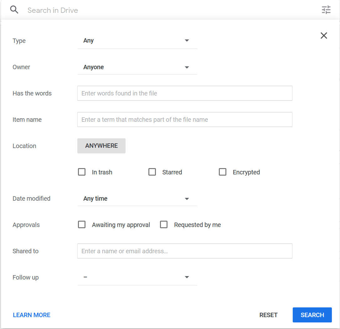 Google Drive has advanved search function