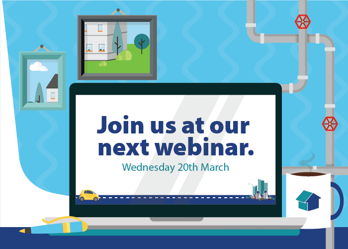 Illustration of a laptop on a desk with the words 'join us at our next webinar. Wednesday 20th March' on the screen. In the background you can see water pipes and framed pictures on a blue background.