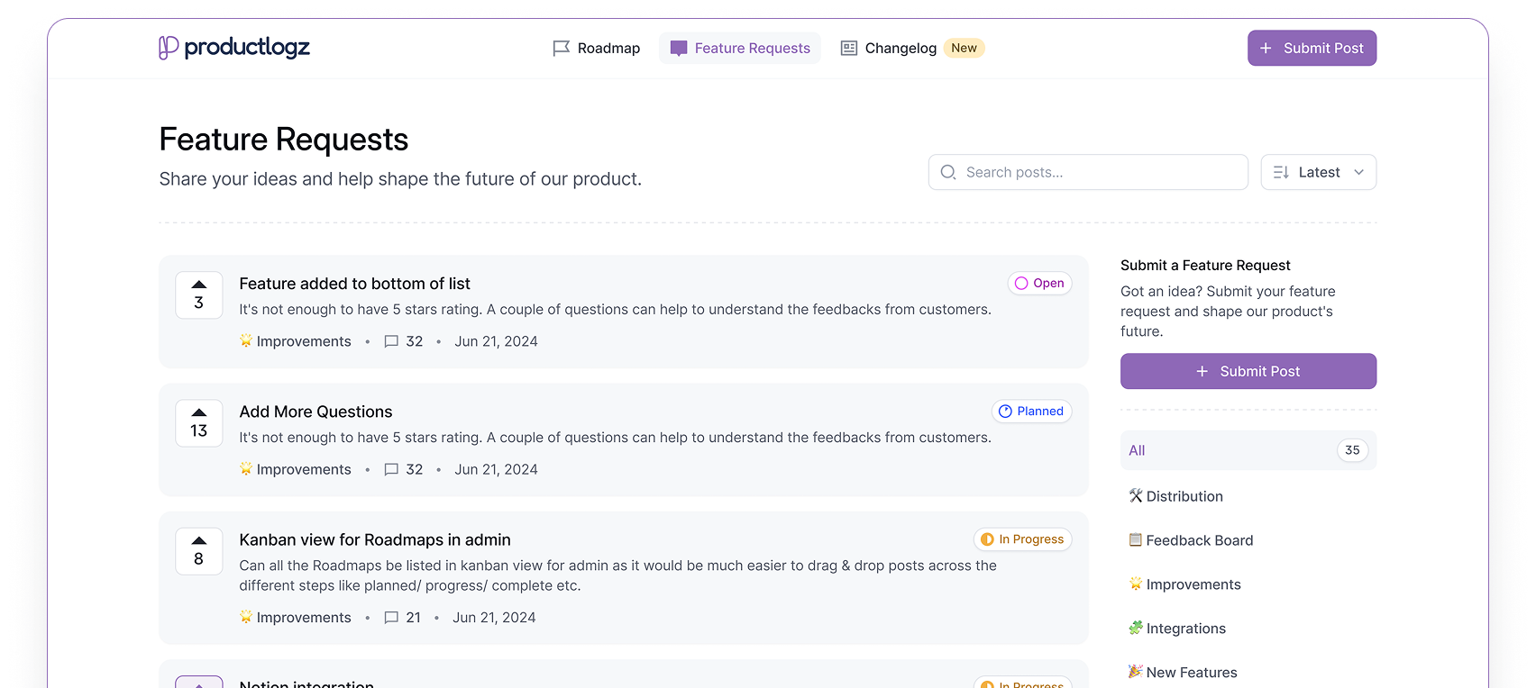 productlogz feedback board
