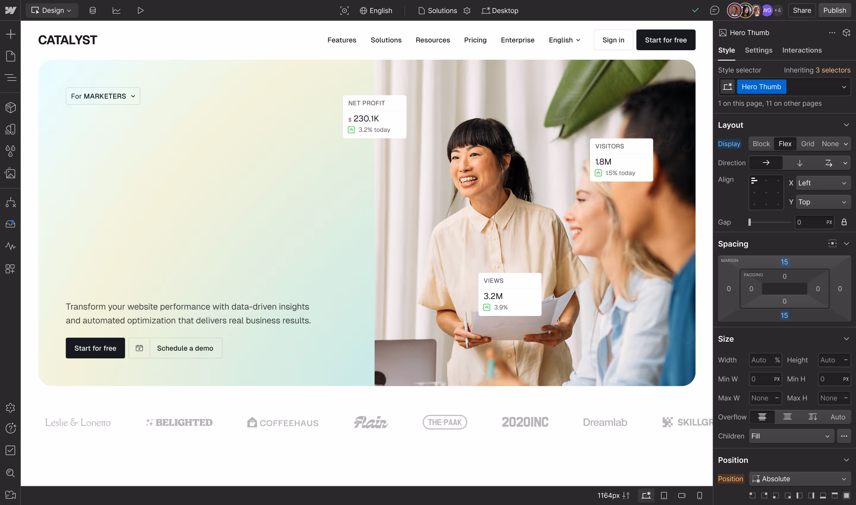 A screenshot of Webflow showing node highlights of various elements, demonstrating various people working on the same page the same time.