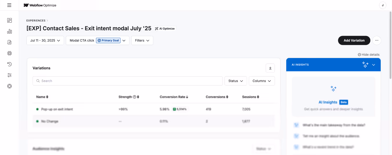 A screenshot of the Webflow Optimize standalone dashboard showing the results for a button copy experiment.