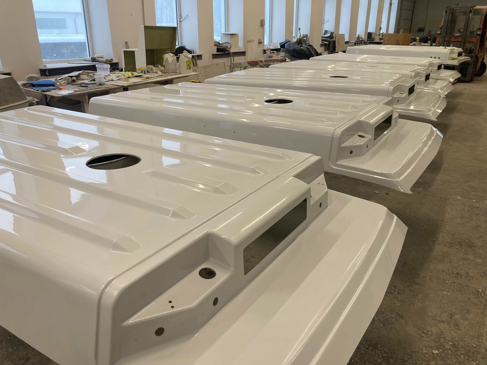 A row of white boat rooftops made our of Armplast composites