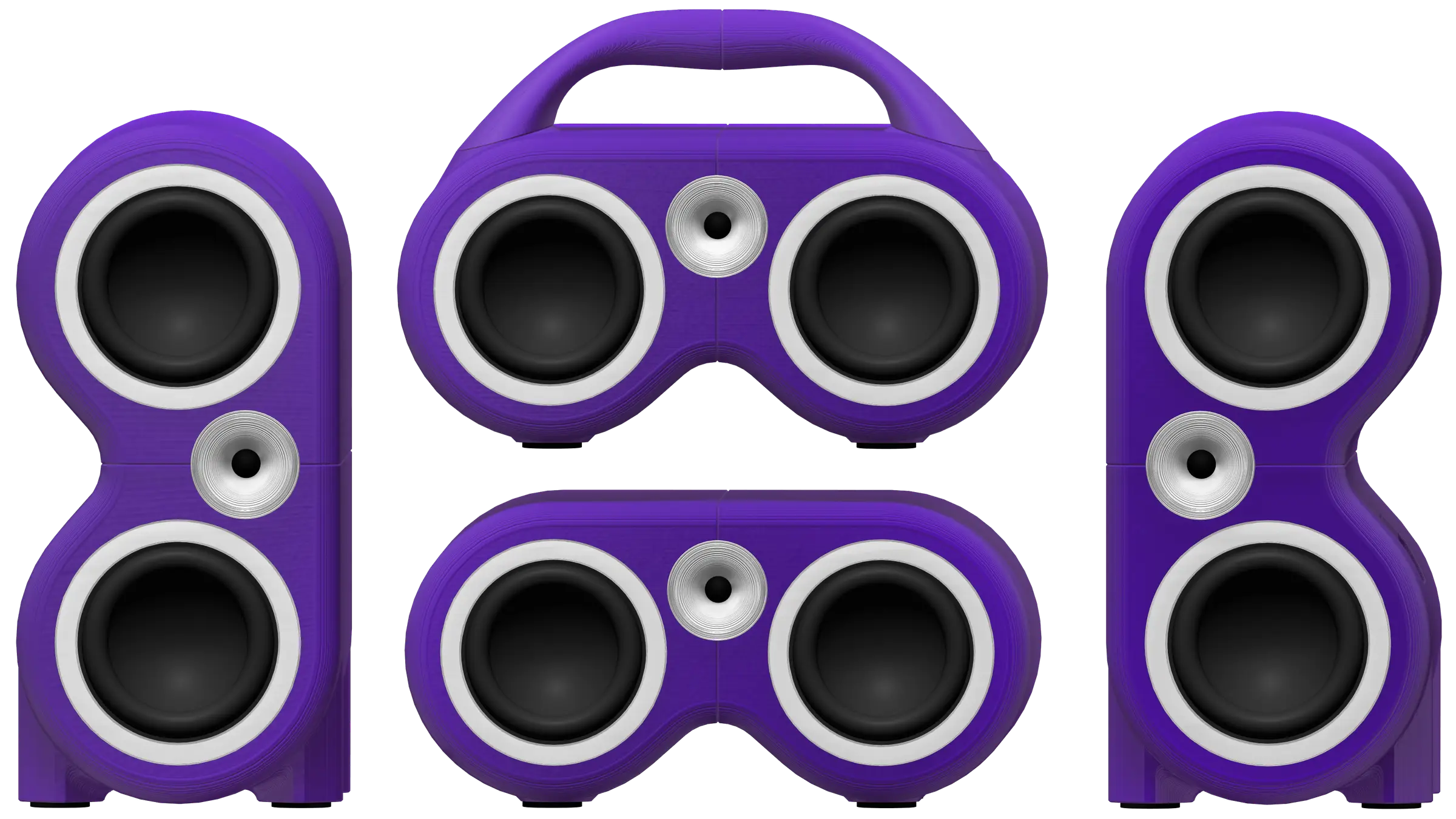 Purple FDMDuo speakers in three configurations