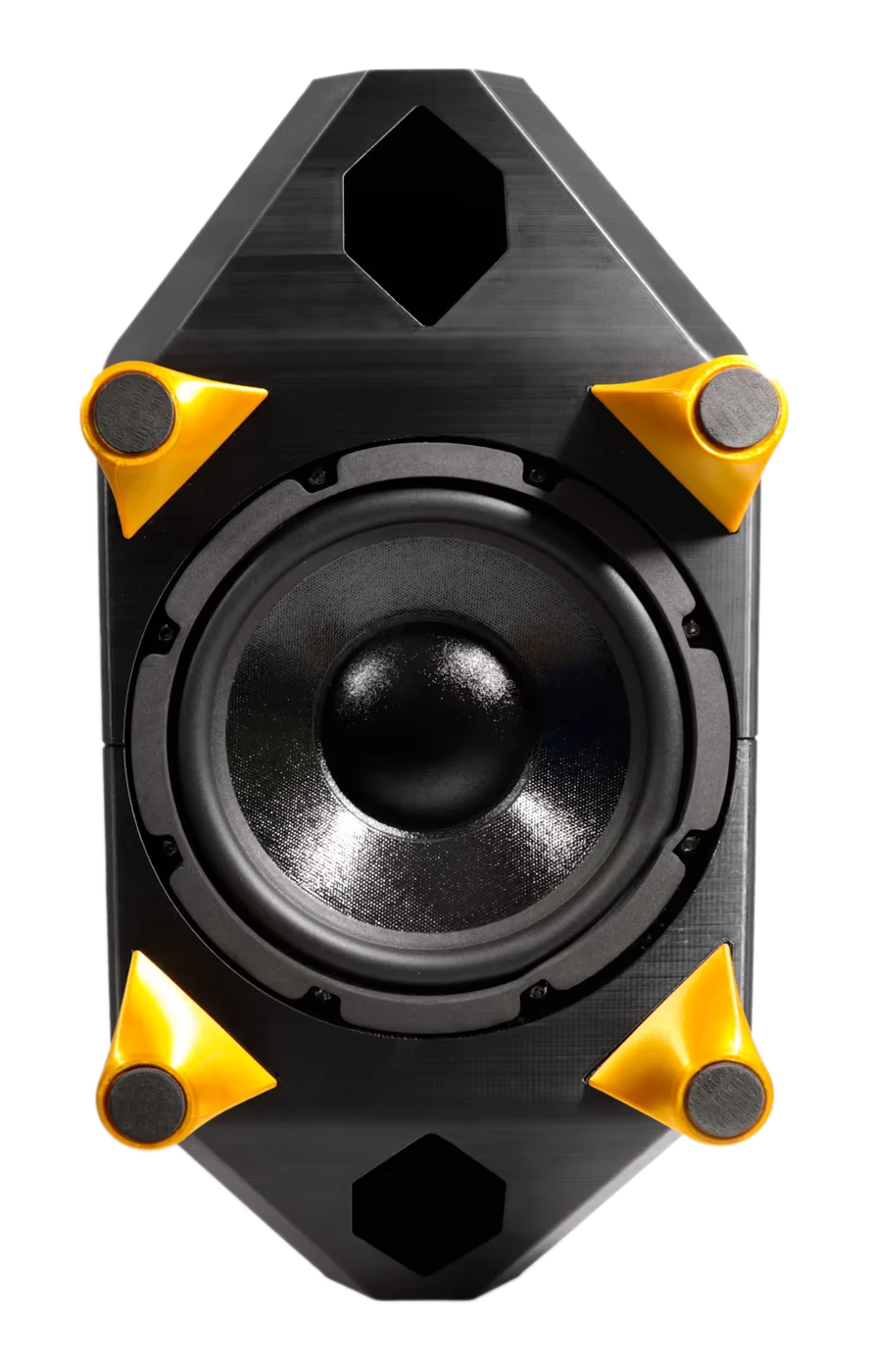 FDMS8 subwoofer showing its down-firing woofer and printed feet