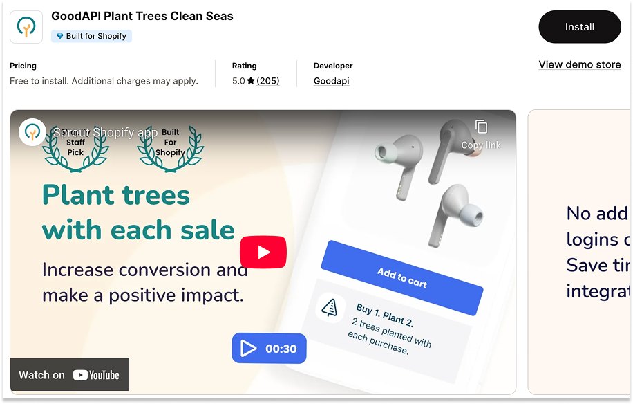 Shopify App Store - GoodAPI Plant Trees Clean Seas