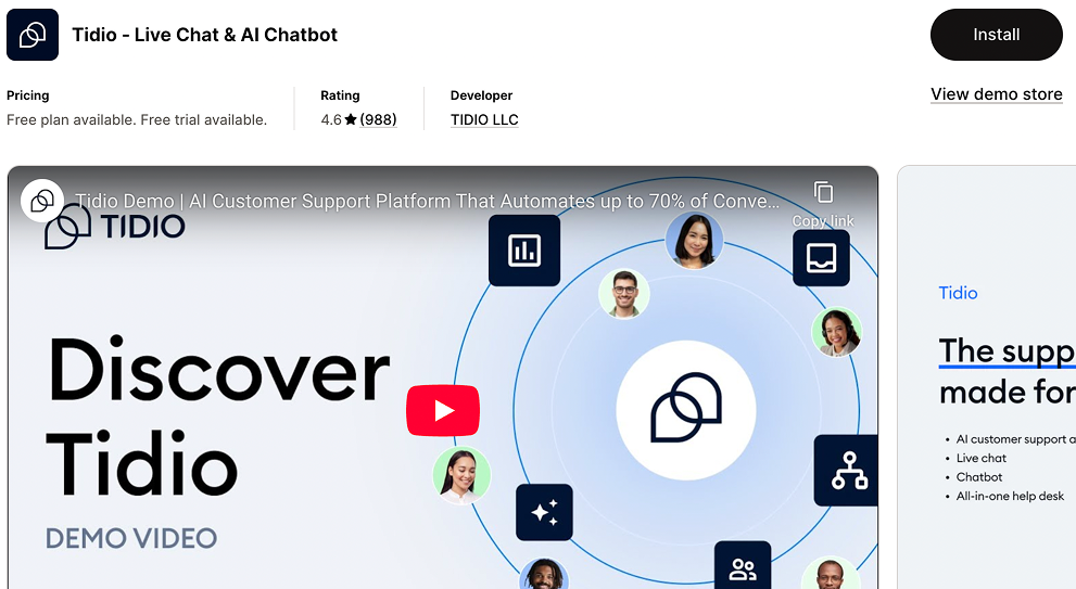 Tidio - Live Chat & AI Chatbot Shopify App Store