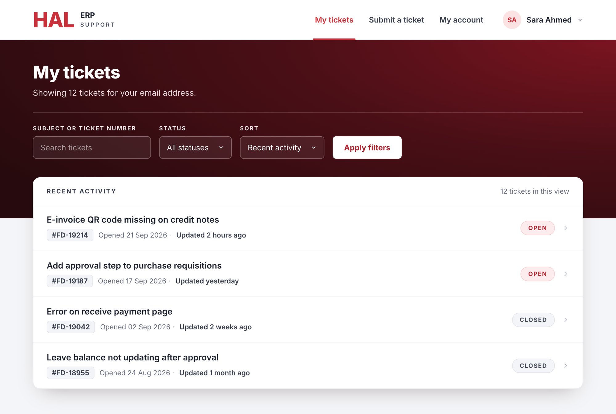 The customer portal: My tickets with search, status and sort filters, and open and closed tickets.