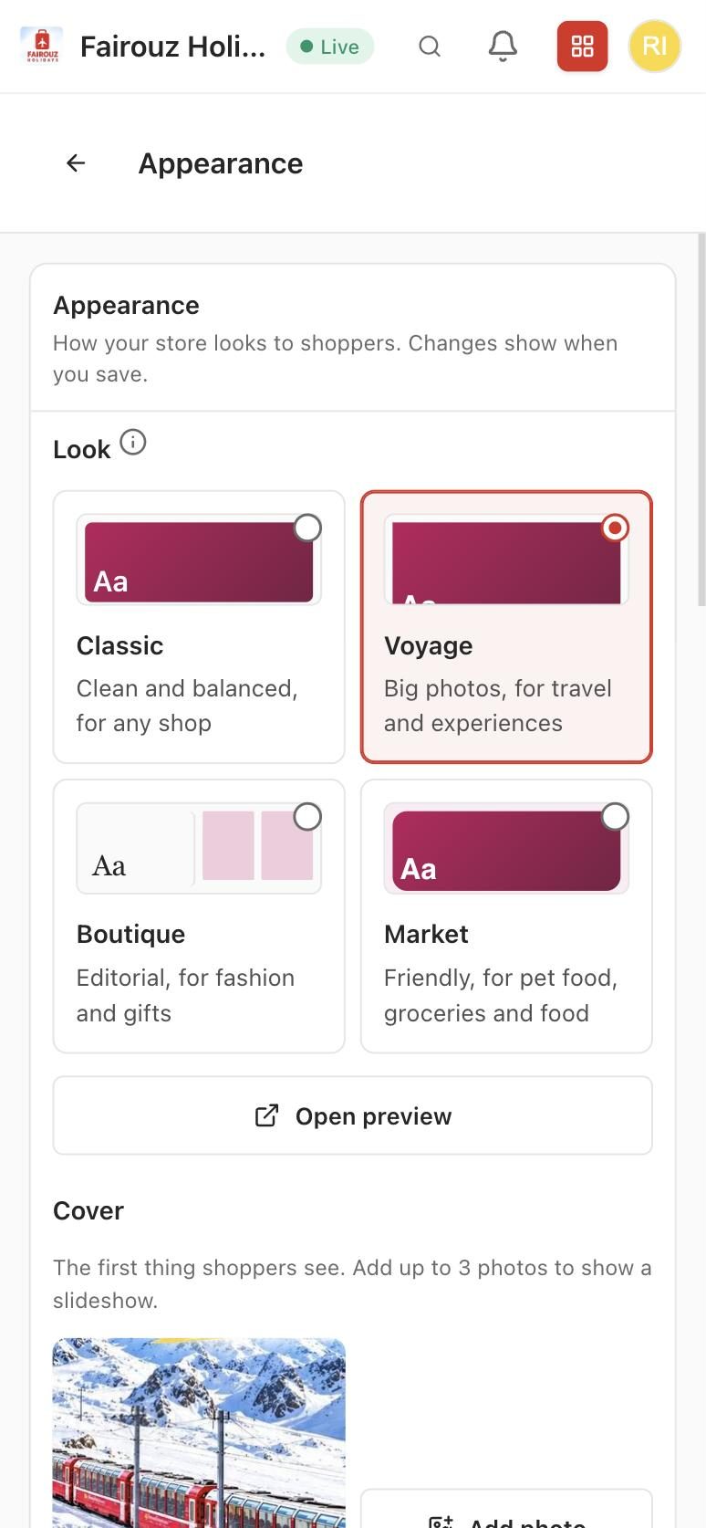 Choosing a store design in the owner app