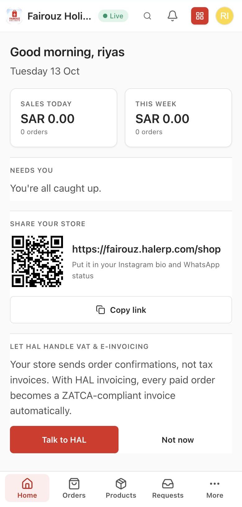 Owner app home with today's sales and the store link