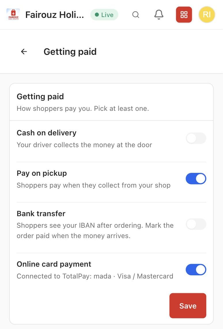 Payment settings in the owner app