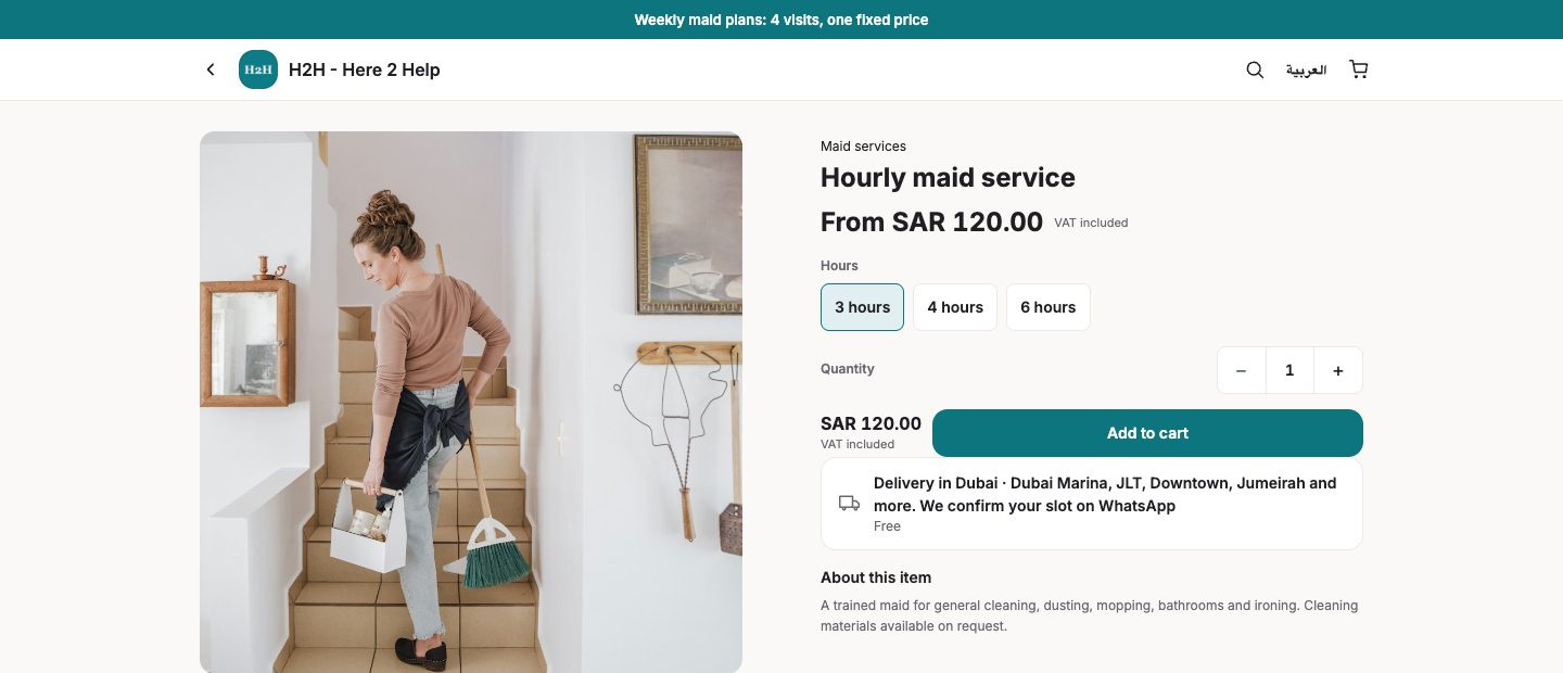 Hourly maid service with hour options